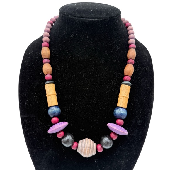 Vintage Jewelry - Vintage 80s Chunky Dyed Wood Multicolor Beaded Necklace w/ Barrel Clasp
